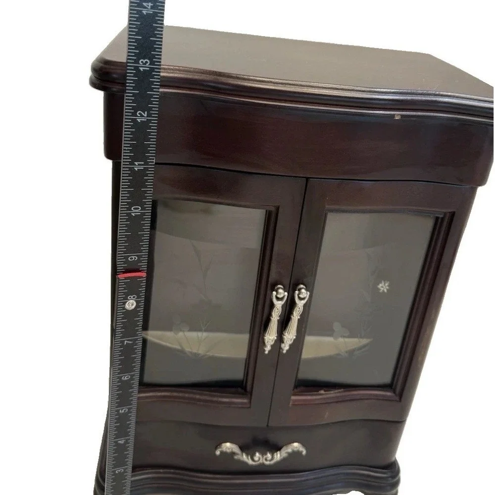 Vintage CherryWood Jewelry Box Armoire Etched Flower Glass Doors Carousel Mirror